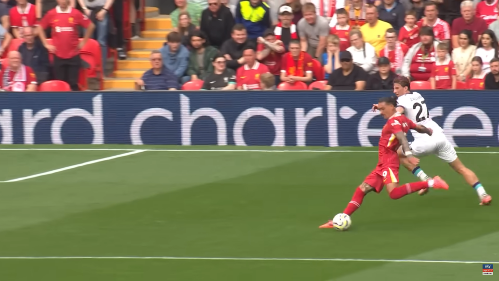 Darwin Nunez scoring Liverpool's third goal in the 3-0 Premier League victory over Bournemouth.