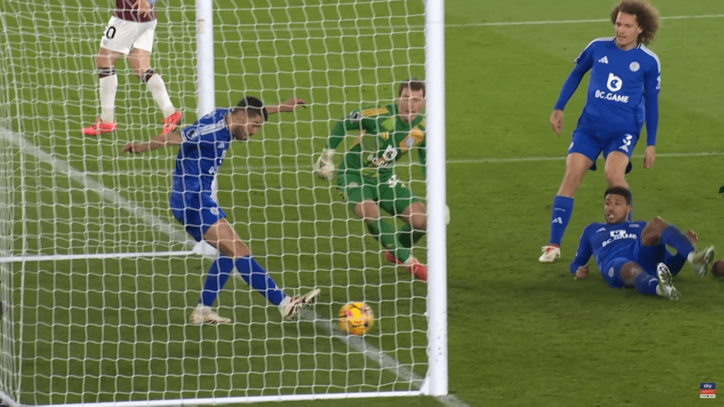 Leicester's Conor Coady makes a goalline clearance against West Ham in the Premier League