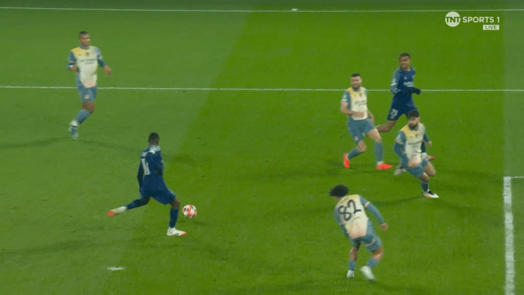 Ousmane Dembele's goal to make the game 2-1. Image from TNT Sports