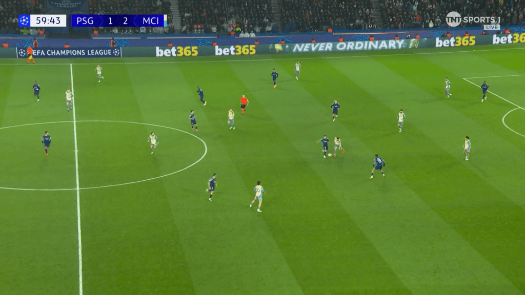 Mateo Kovacic unsuccessfully chased a loose pass as PSG won the ball high up the pitch, which led to their equaliser. Image from TNT Sports